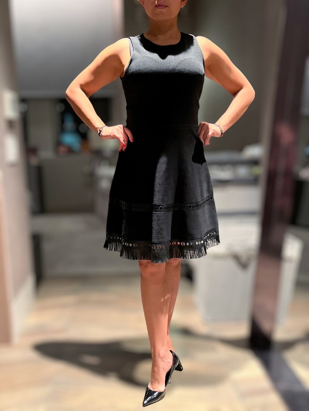 PARKER Black Knit Dress Faux Leather Cutout Trim Fringe Fit and Flare Medium EUC